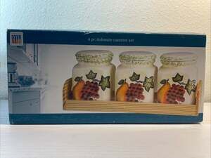 Vintage RTH Round the House 4 Pc Dolomite Canister Set Ceramic Fruit Tray NIB